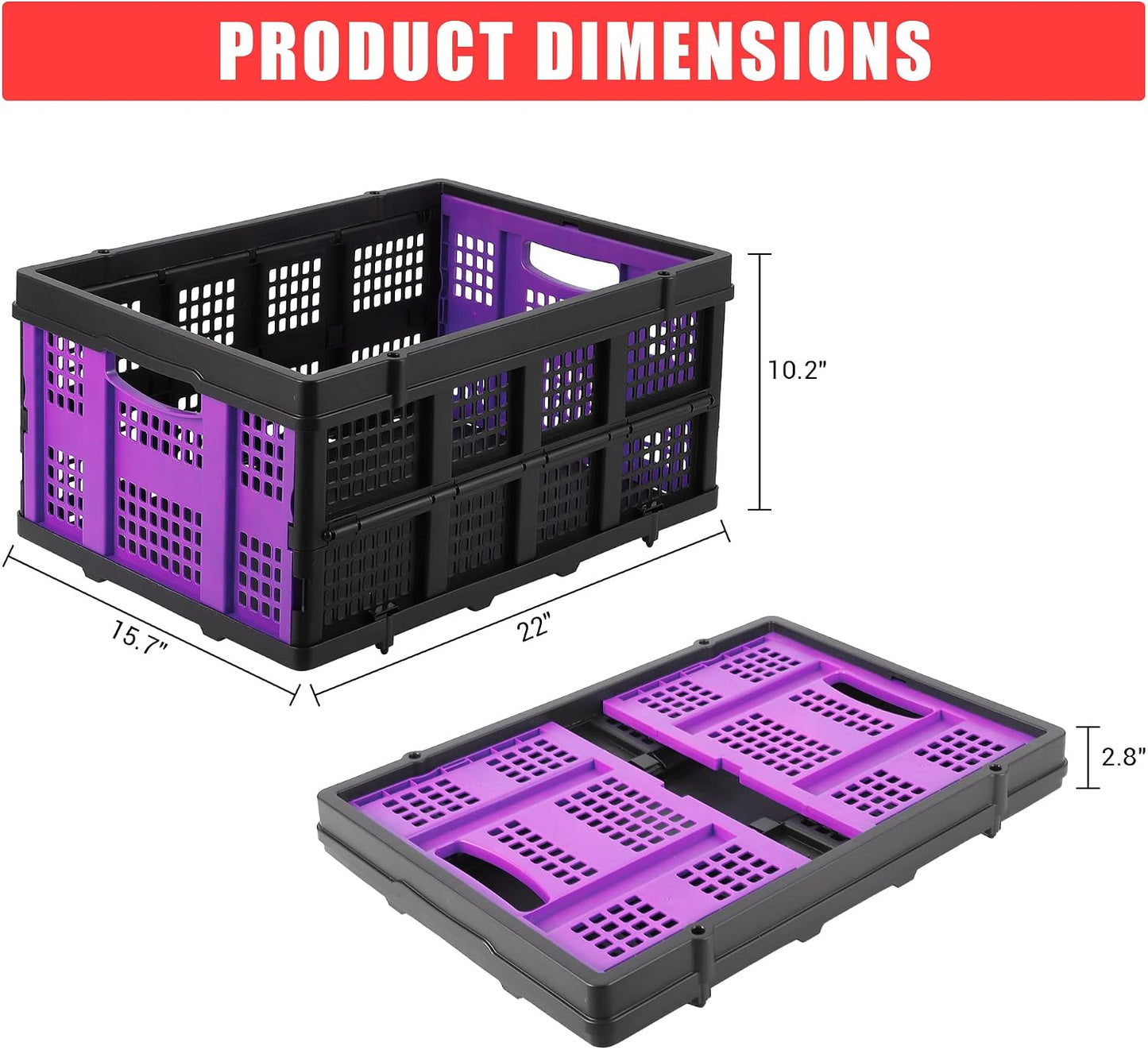 55L Closet & Home Organizer Box, Collapsible Storage Crates Stackable, Folding Plastic Baskets for Clothes and Toys, Space-Saving Utility Containers, Purple