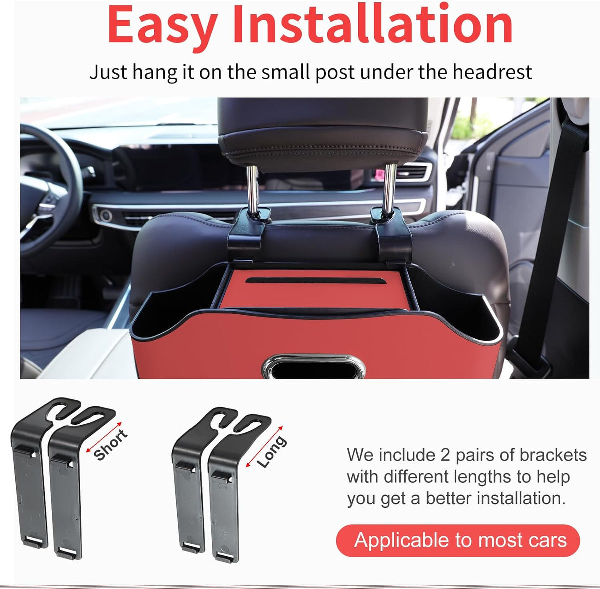 Back Seat Cup Holder for Car – Multifunctional Seat Back Organizer with Drink Holders, Tissue Box Storage & Hooks, Fits Headrest for Auto. (Red)