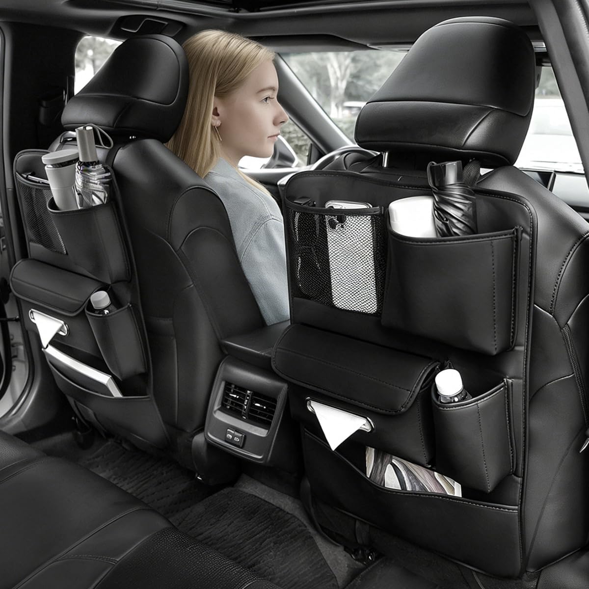 1pc Car Back Seat Organizer with Tissue Holder, 5 Storage Pockets, Kick Mat Back Seat Protector Cover for Kids, Road Trip Travel, Multifunctional Leather Auto Accessories -Black