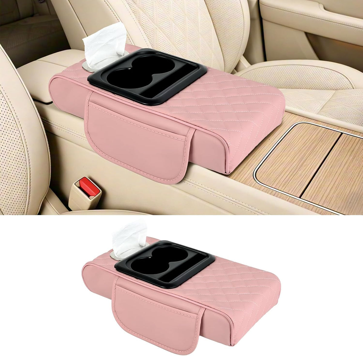 Car Armrest Cushion,Multifunctional Leather Console Cover with Cup Holders,Center Console Armrest with Tissue Box Slot & Phone Storage,Car Interior Accessories,Black