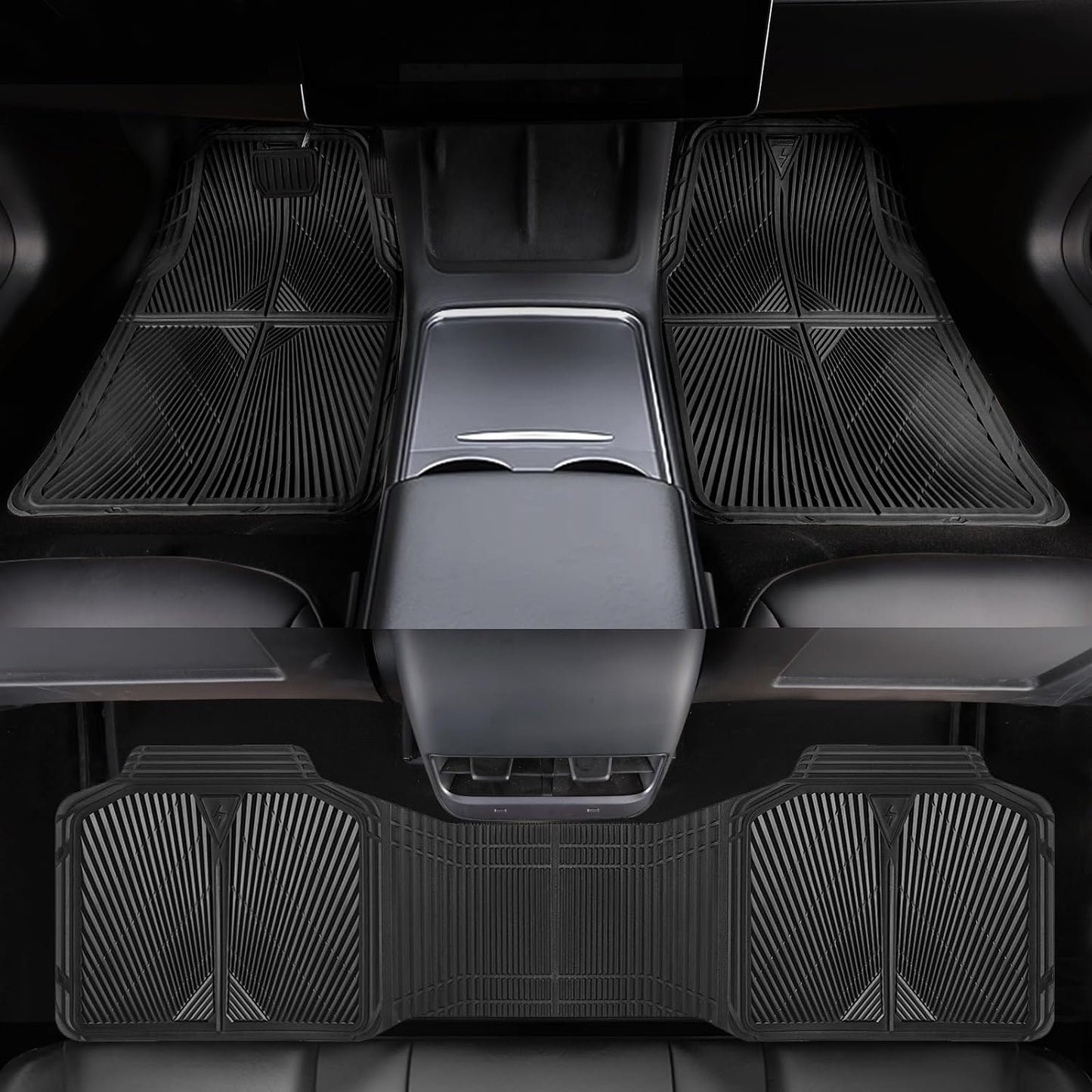 CAR PASS Rubber Floor Mats, All Weather Waterproof Trim-to-Fit Automotive Mats for Cars Trucks SUV, Anti-Slip Easy Clean, Heavy Duty Full Set 3-Piece, All Black