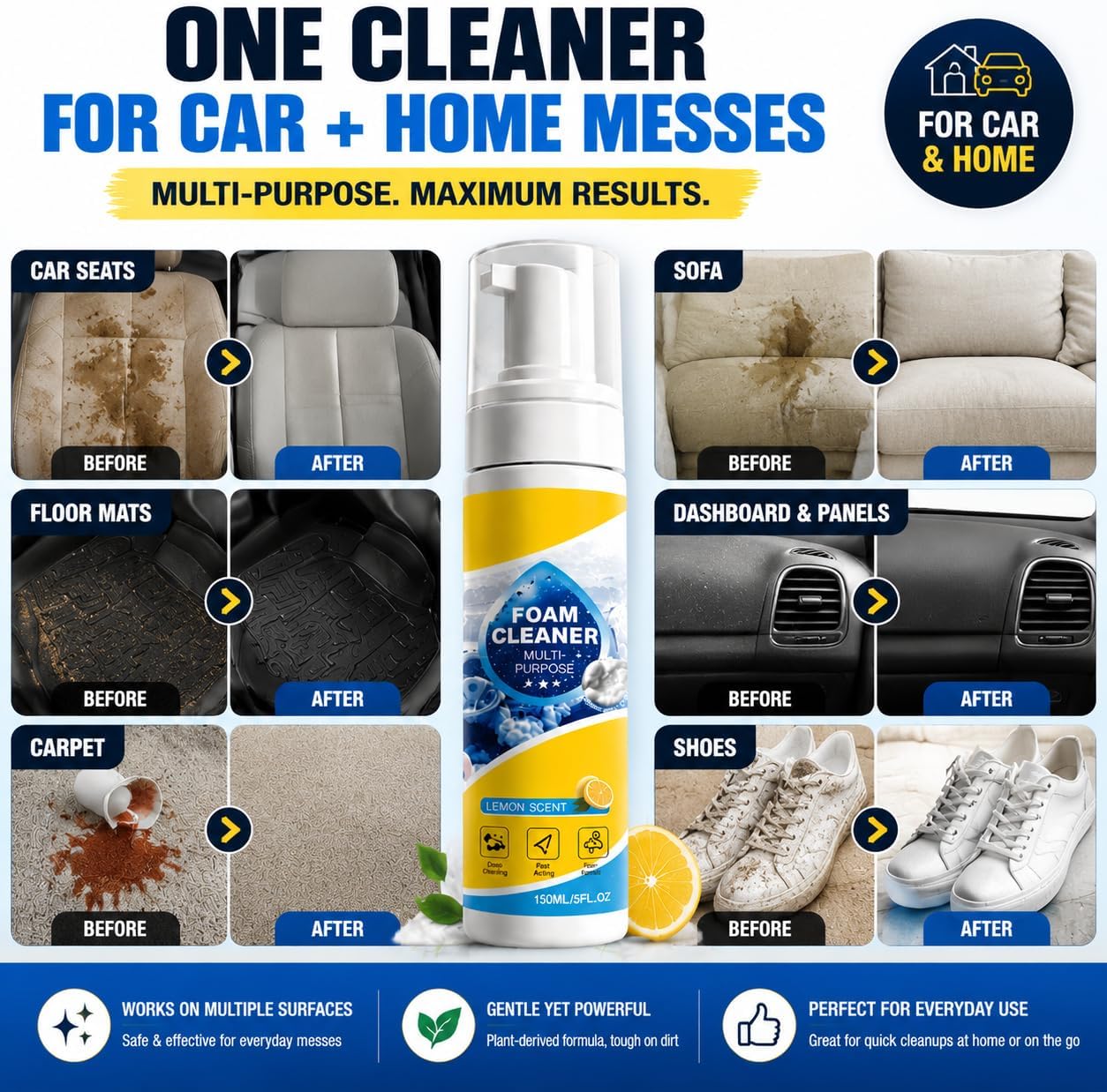 Multi-Purpose Foam Cleaner for Car Interior and Upholstery, 150ml | Leather & Fabric Seat & Dashboard Cleaner, Vinyl & Surface Foam Spray. Deep Cleaning Kit with Plant-Derived Formula