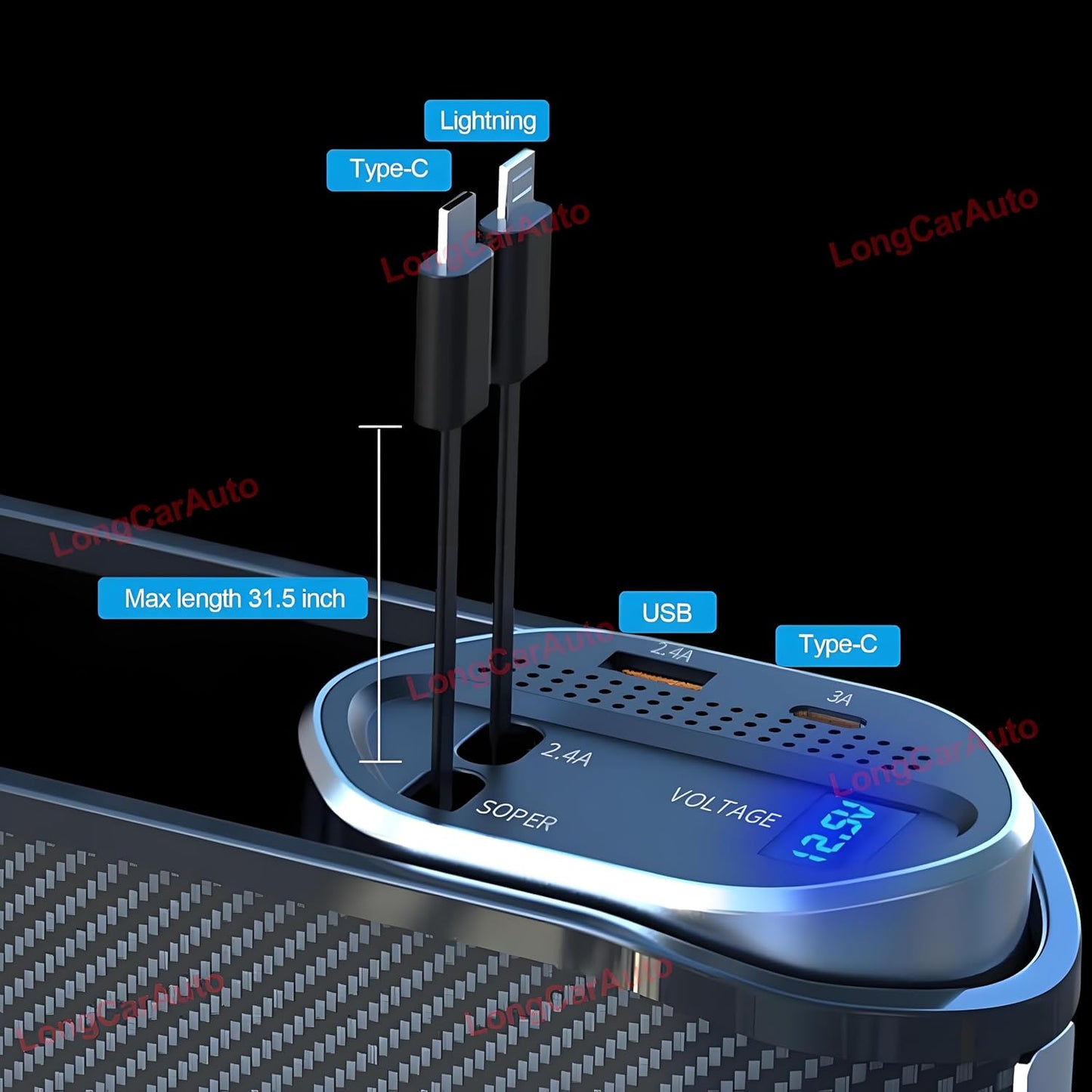 Car Seat Gap Filler Organizer with Wireless Charger & Cigarette Lighter | 2 Charging Cables, Retractable Charging Cords iOS Type-C USB Port Fast Charge Storage Box Cup Holder ( 5 in 1 )