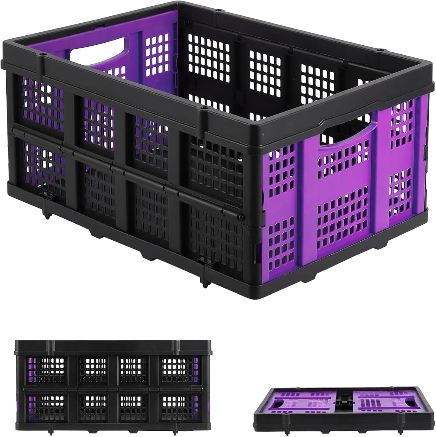55L Closet & Home Organizer Box, Collapsible Storage Crates Stackable, Folding Plastic Baskets for Clothes and Toys, Space-Saving Utility Containers, Purple