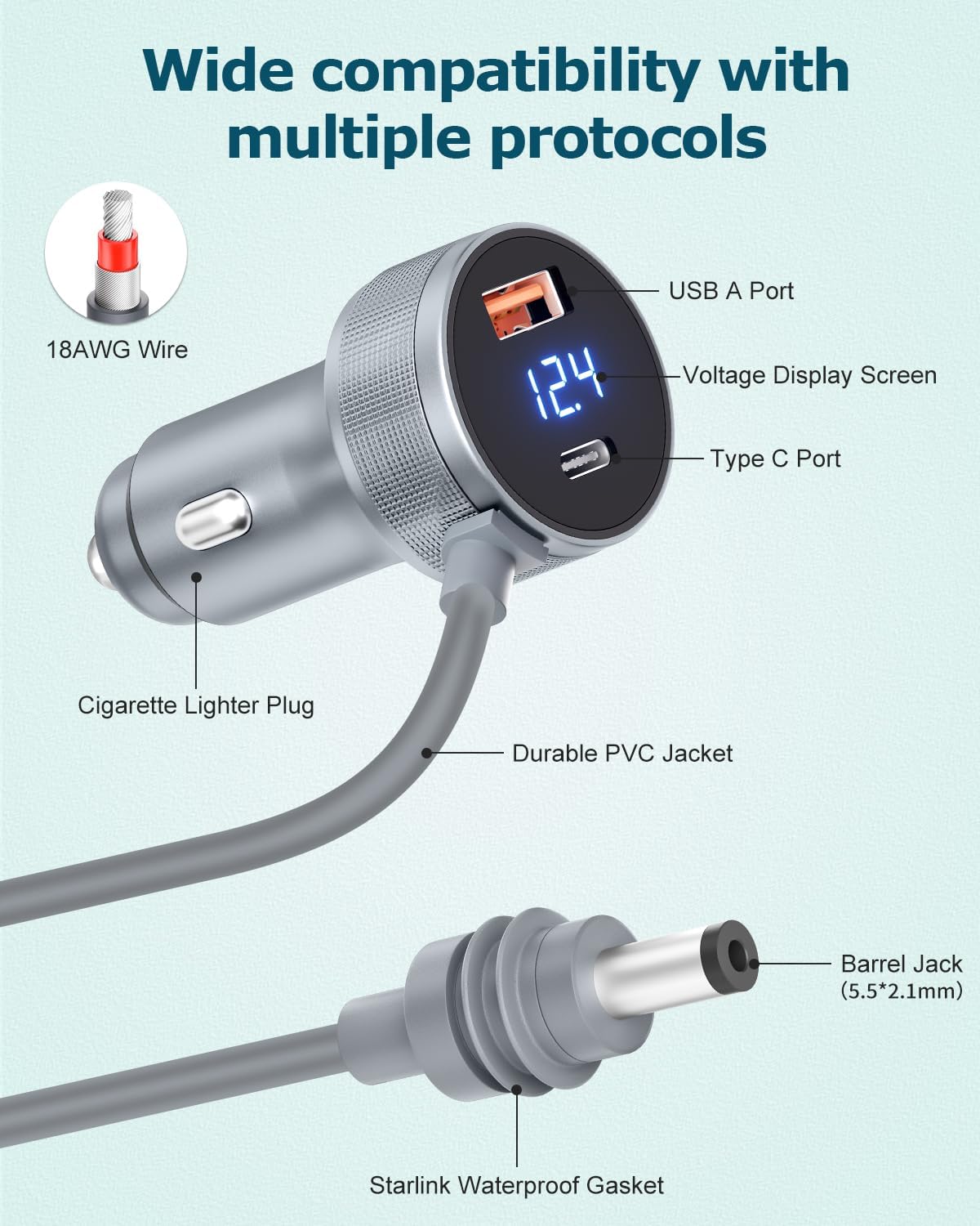 Starlink Mini Car Adapter 3M/10FT 3 in 1 Starlink Mini 12V DC Power Cable