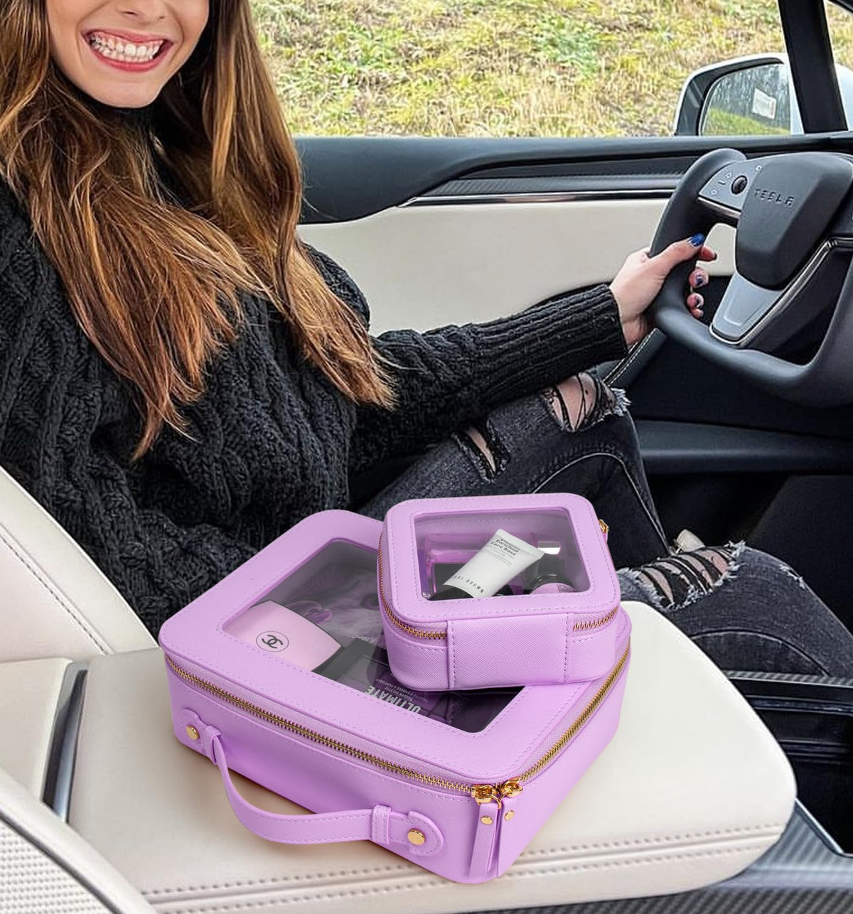 LETGO Clear Sunscreen Makeup Bag Organizer,Travel Toiletry Bag Cosmetic Case for Women,Portable Beach Make Up Skincare Pouch Car Organizer Bag with Zippers for Essentials(Large-Purple)