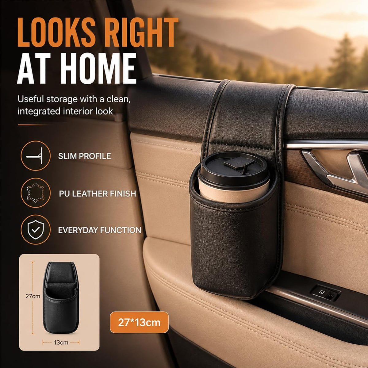 Leather Car Door Cup Holder for Window, Hanging Bottle Holder, Black