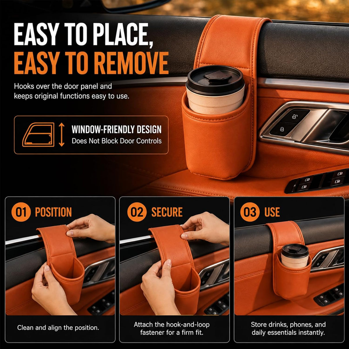 2 Pack Leather Car Door Cup Holder for Window,Multi‑Purpose Car Door Side Hanging Holder,Clip on Extra Large Drink Organizer for Phone Drink Bottle Sunglasses,Wide-Mouth Organizer(Orange)