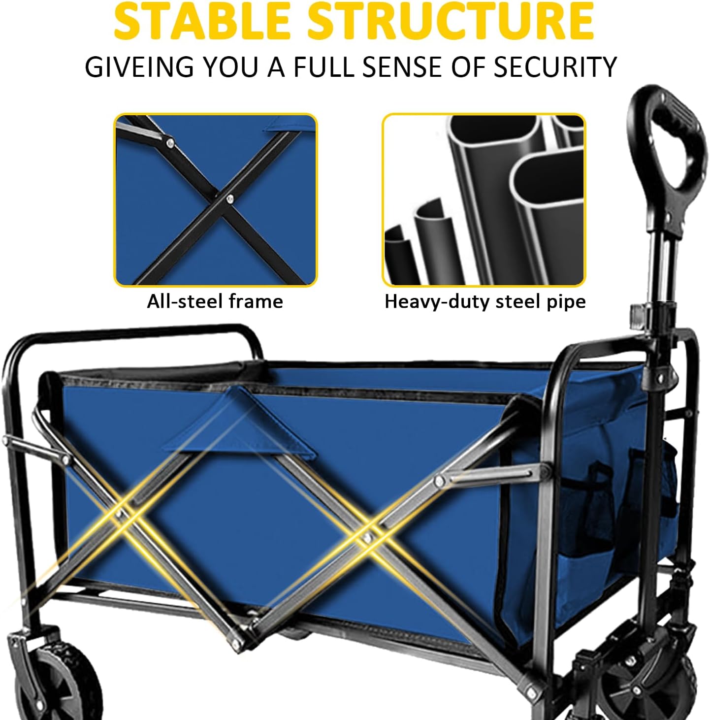 Heavy Duty Folding Wagon 320lbs Capacity, Reinforced Steel Frame Utility Cart with All-Terrain Quiet Wheels, Collapsible Outdoor Wagon for Camping, Gardening & Sports, Blue