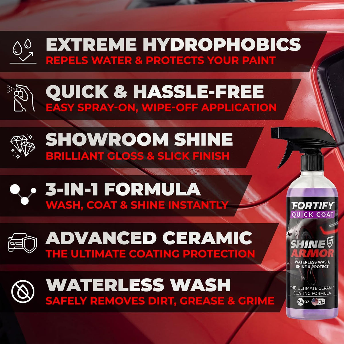 SHINE ARMOR Fortify Quick Coat - 16oz Ceramic Waterless Detailer Spray | 3-in-1 Wash, Wax & Nano-Ceramic Coating | Mirror Shine, Zero Streaks, No Dust Residue | 6-12 Month Protection | Made in USA