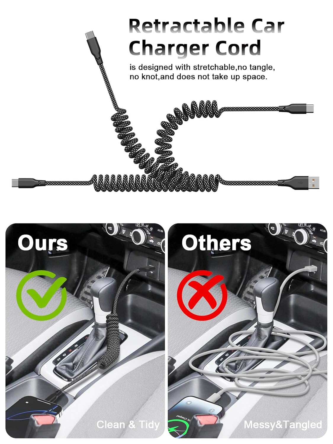 Quickeep Car Carplay Cable 2Pack Coiled USB A to USB C Fast Charge Cord