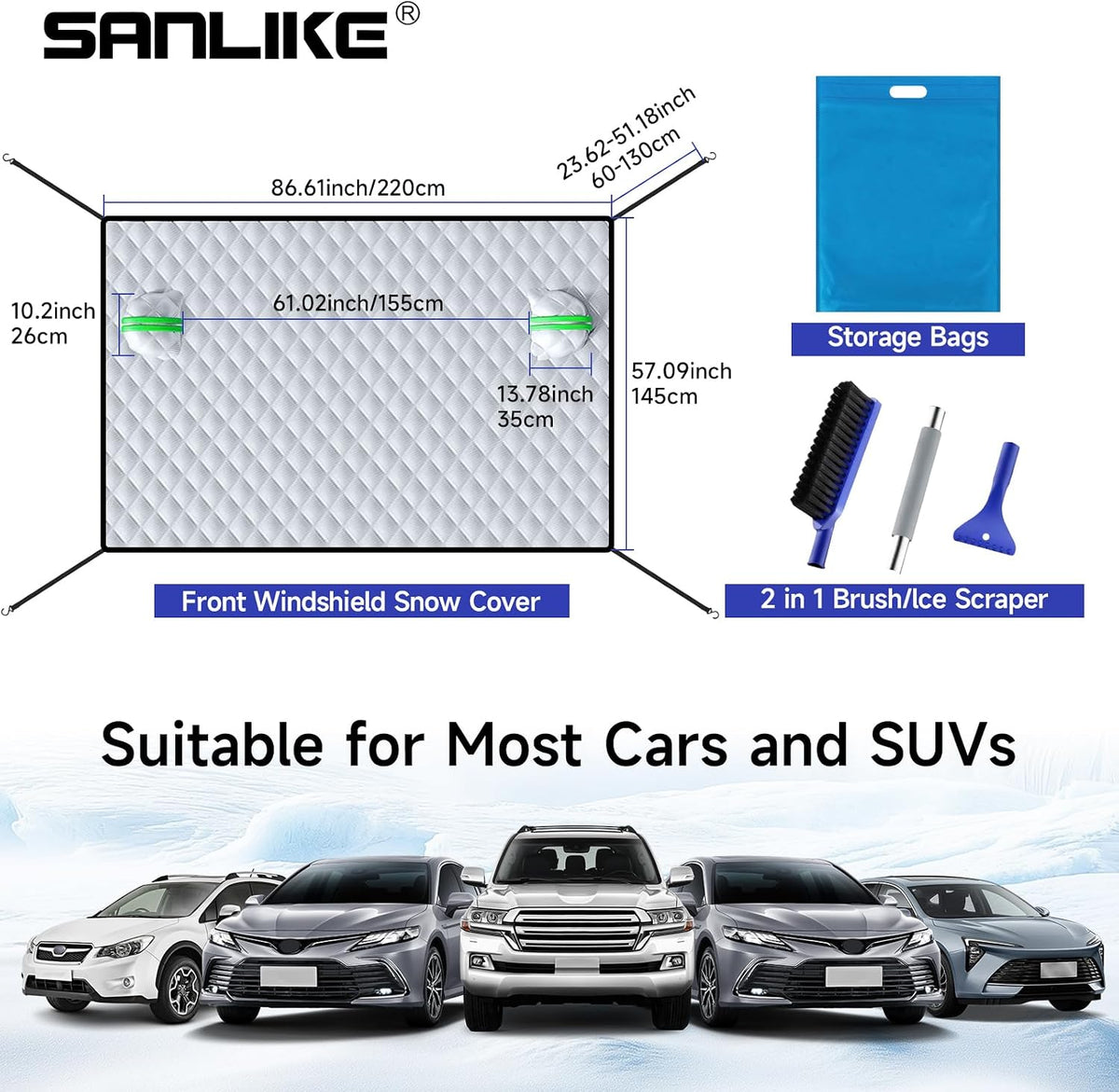 SANLIKE Car Windshield Snow Cover with Side Mirror Cover & 2 in 1 Brush
