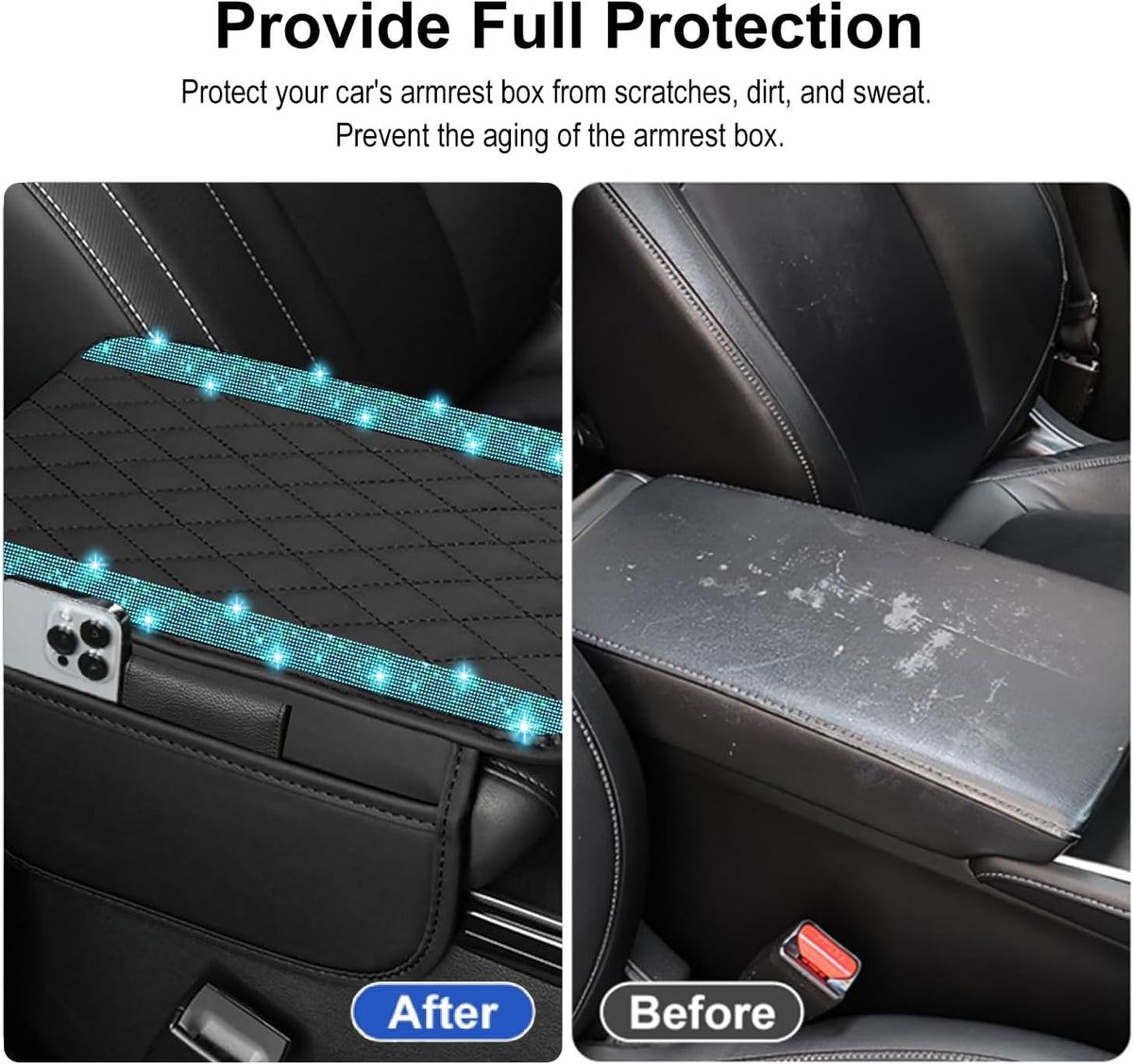 NBTEPEM Bling Car Center Console Cover, Leather Car Arm Rest Cover Cushion with 2 Storage Bags, Middle Console Cover Universal Armrest Protector Pads, Bling Accessories for Most Vehicles (Aquamarine)