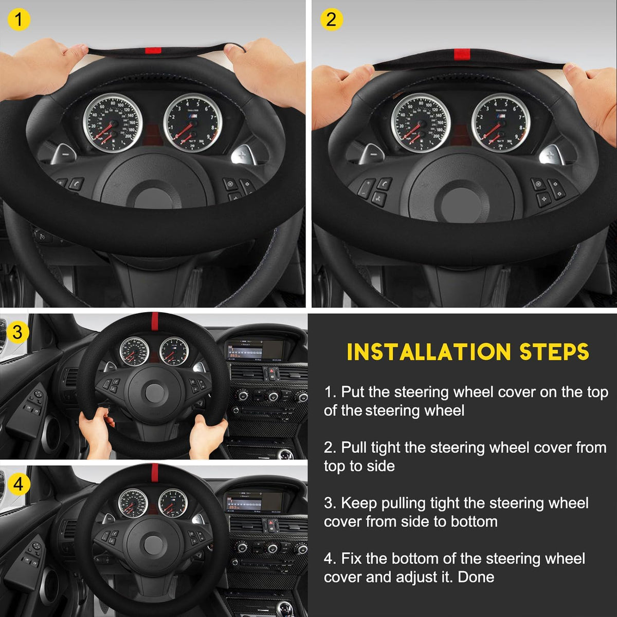 Suede Steering Wheel Cover with Upgraded Silicone Inner Ring, Breathable, Anti-Slip, Leather Universal 14.5 to 15 Inch Steering Wheel Cover (Black with Red Mark)