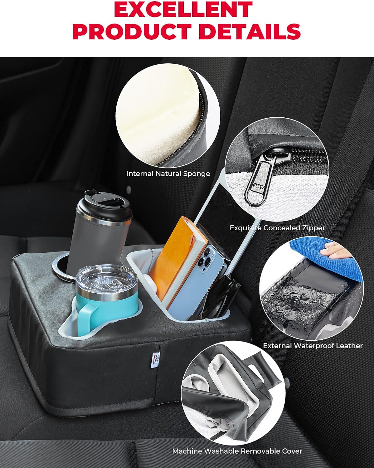 KEMIMOTO Back Seat Cup Holder for Car, Couch Cup Holder, Car Truck Boat Organizer, Couch Sofa Bed Expander Tray Holds Drinks, Snacks, Remote, Cell Mobile Phone (Black)
