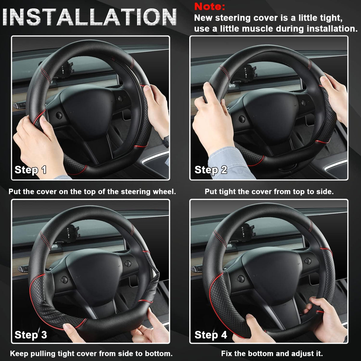 GIANT PANDA D Shape Steering Wheel Cover for Nissan Rogue Kicks - Auto Car Steering Wheel Cover Customized for Nissan Altima Sentra(Black+Red Line-D-Shaped)