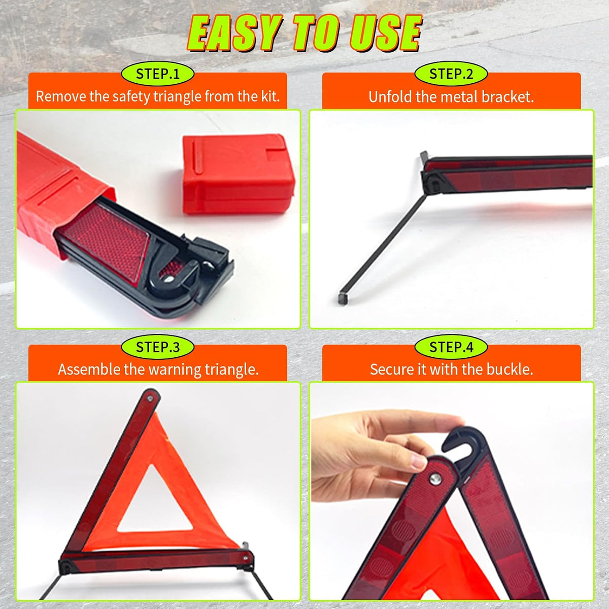 FLKQC Emergency Roadside Safety Kit, 5 Pack Foldable Reflective Warning Triangles with Base + 2 Pack High Visibility Reflective Safety Vest, DOT Compliant Triangle Set with Carrying Case for Vehicle B