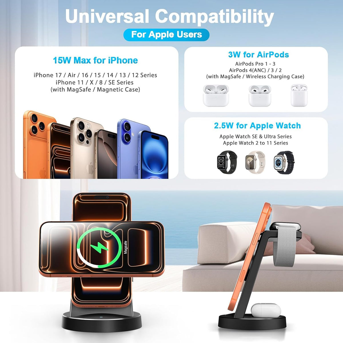 Magnetic Charger 15W Magnetic 3-in-1 Wireless Charging Station for Apple