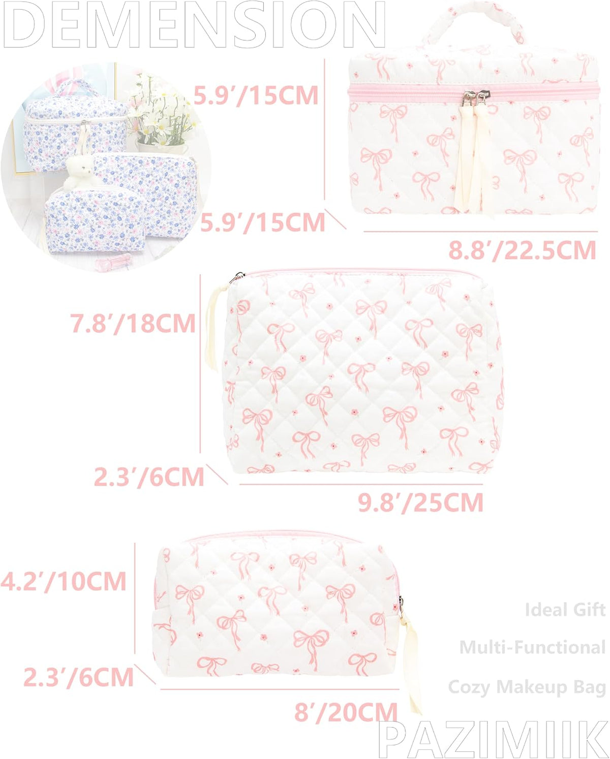 3 Piece Quilted Makeup Bag Set for Women,Cosmetic&Toiletry Bag,Bow Pink