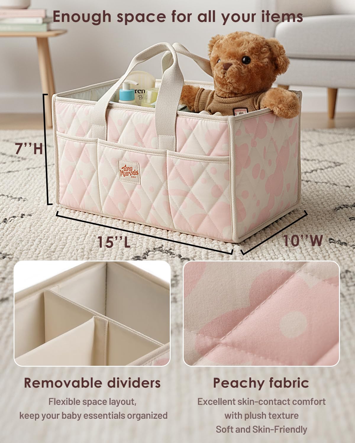 Baby Diaper Caddy Organizer – Nursery Storage Basket with Portable Handle & Removable Divider, Stylish Diaper Caddy for Changing Table, Couch, Car, Newborn Essentials Registry Search Must Haves