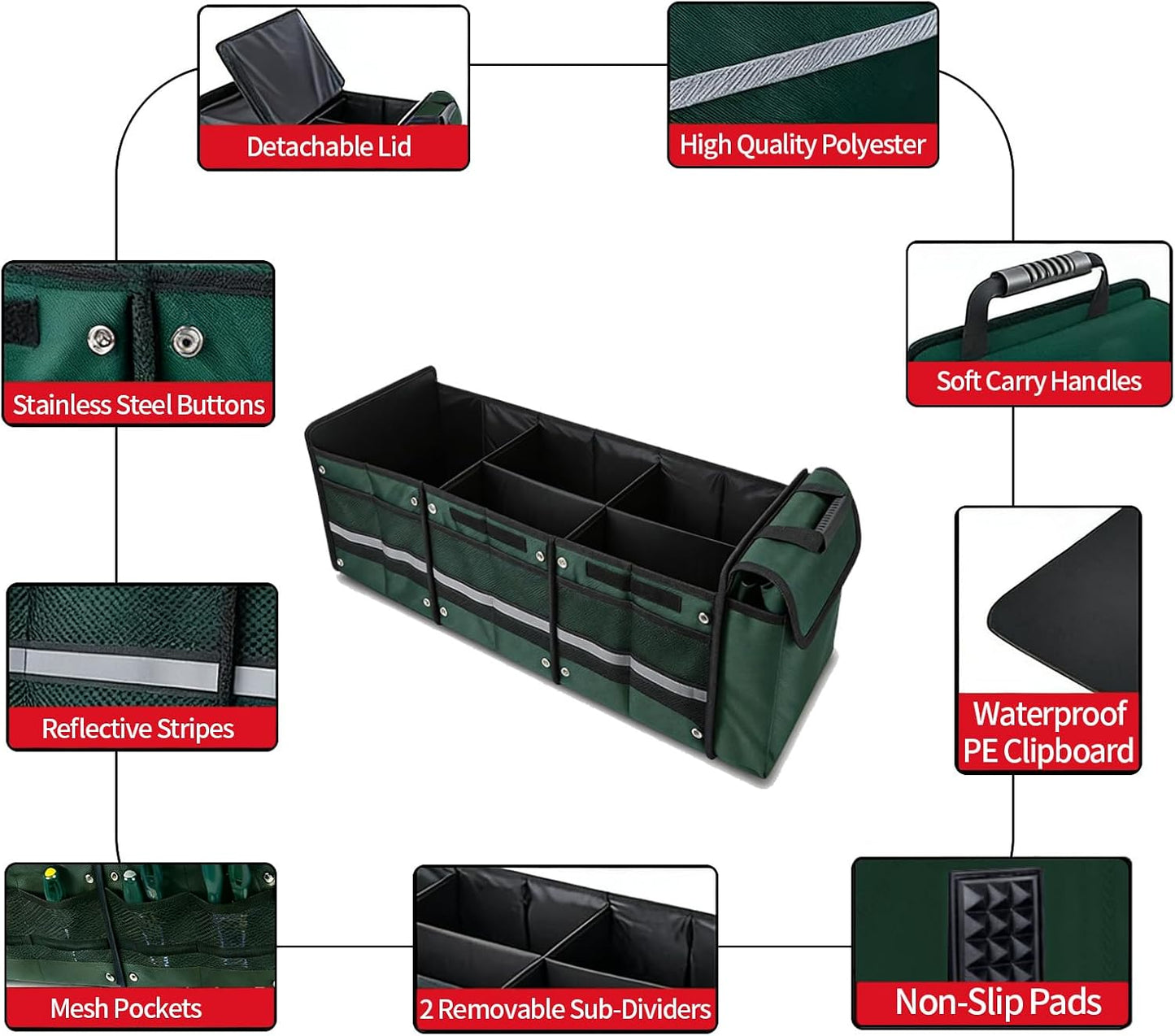 Car Trunk Organizer with Removable Cooler Bag - Collapsible Multi-Compartment Storage for SUV Truck Groceries Camping, Durable Nylon Auto Cargo Organizer (Green)