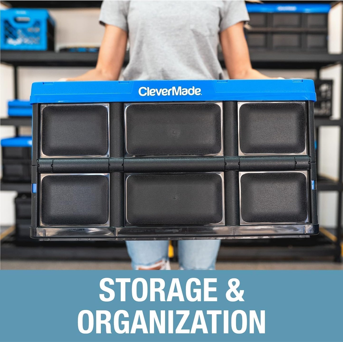 CleverMade Collapsible Storage Bins, 32L 3 Pack, Durable Plastic, Obsidian | Built-in handles simplify garage, car and household organization, while the roomy open-top keeps bulky supplies accessible