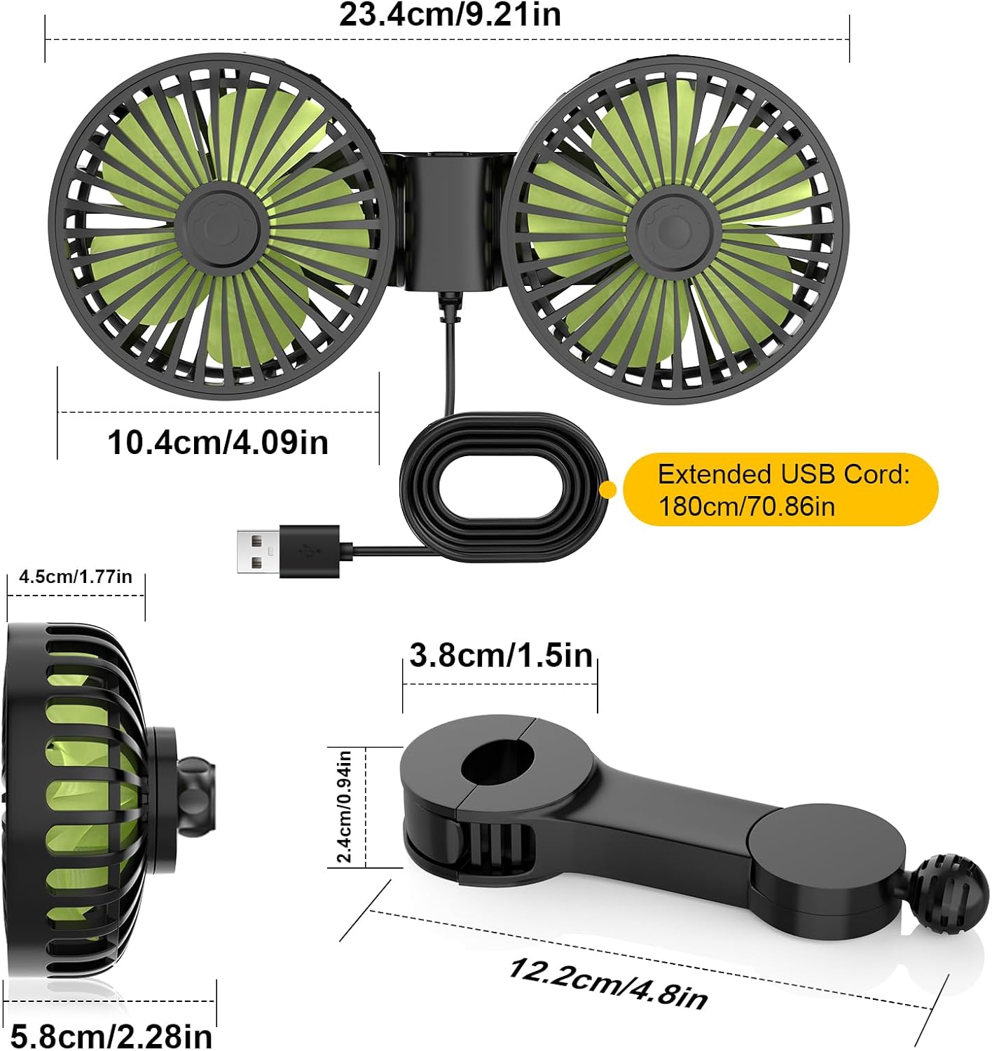 Hayousui USB Car Cooling Fans for Backseat: Dual Head Car Fan for Kids 3 Speeds 360° Rotatable Vehicle Rear Headrest Fans 5V/2A Powerful Electric Air Circulation Fan for Sedan SUV RV Truck (USB Plug)