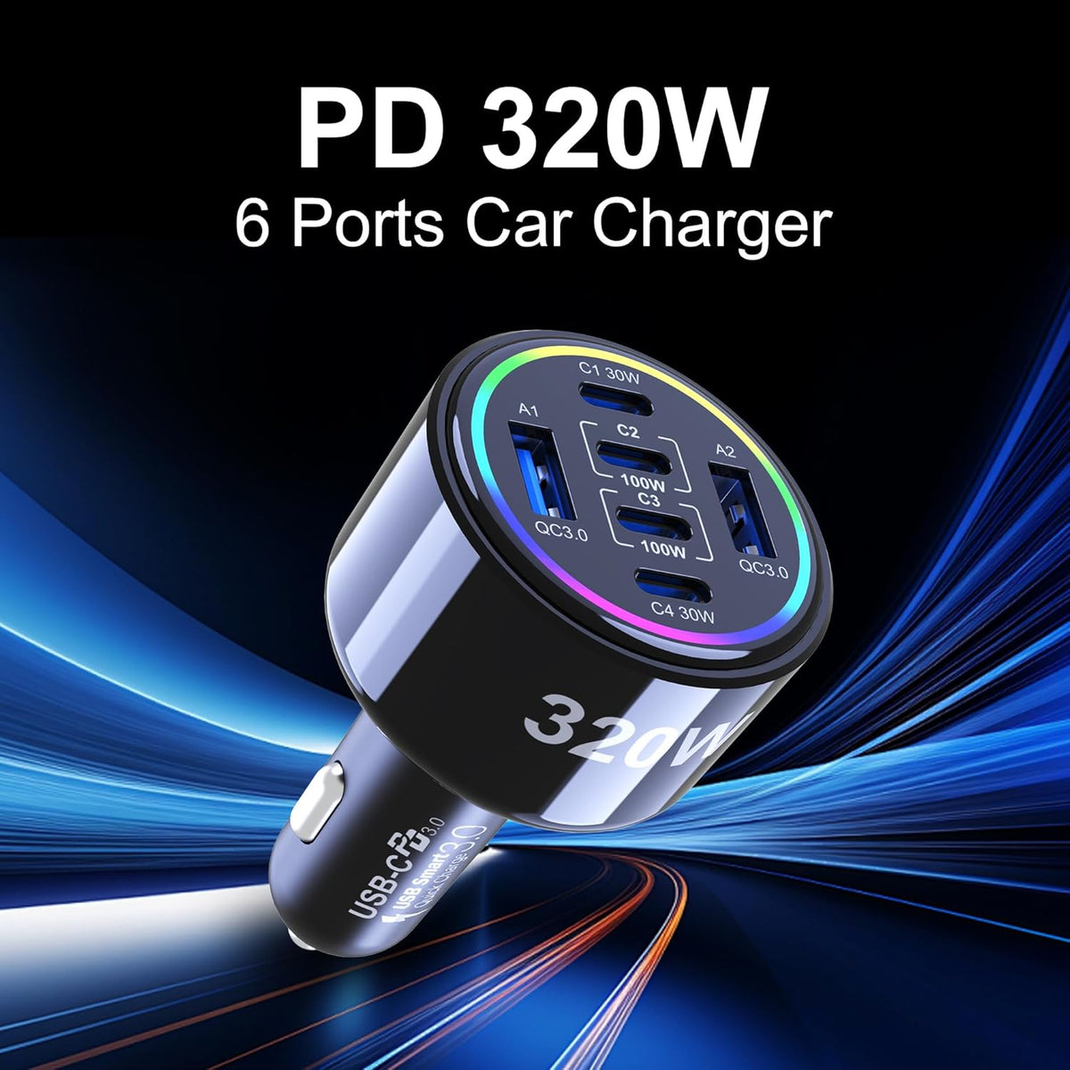 320W USB C Car Charger, 6 Ports Type C Car Charger