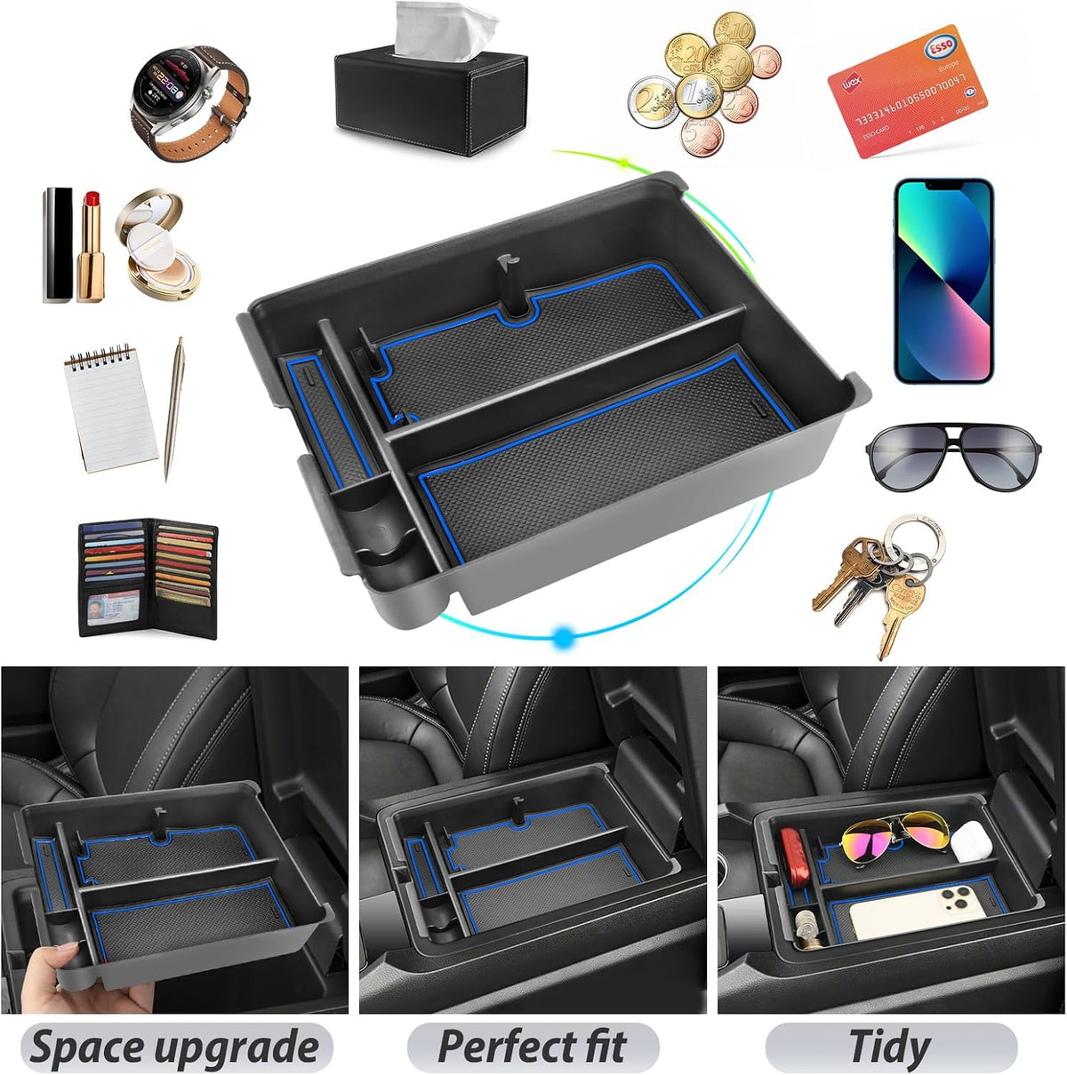 SKTU for 2024 2025 2026 2027 Honda Pilot Center Console Organizer 2023-2027 Pilot/ 2024-2027 Passport Console Tray 2025 2026 2027 Pilot Accessories with Coin & Sunglasses Holder (Blue)