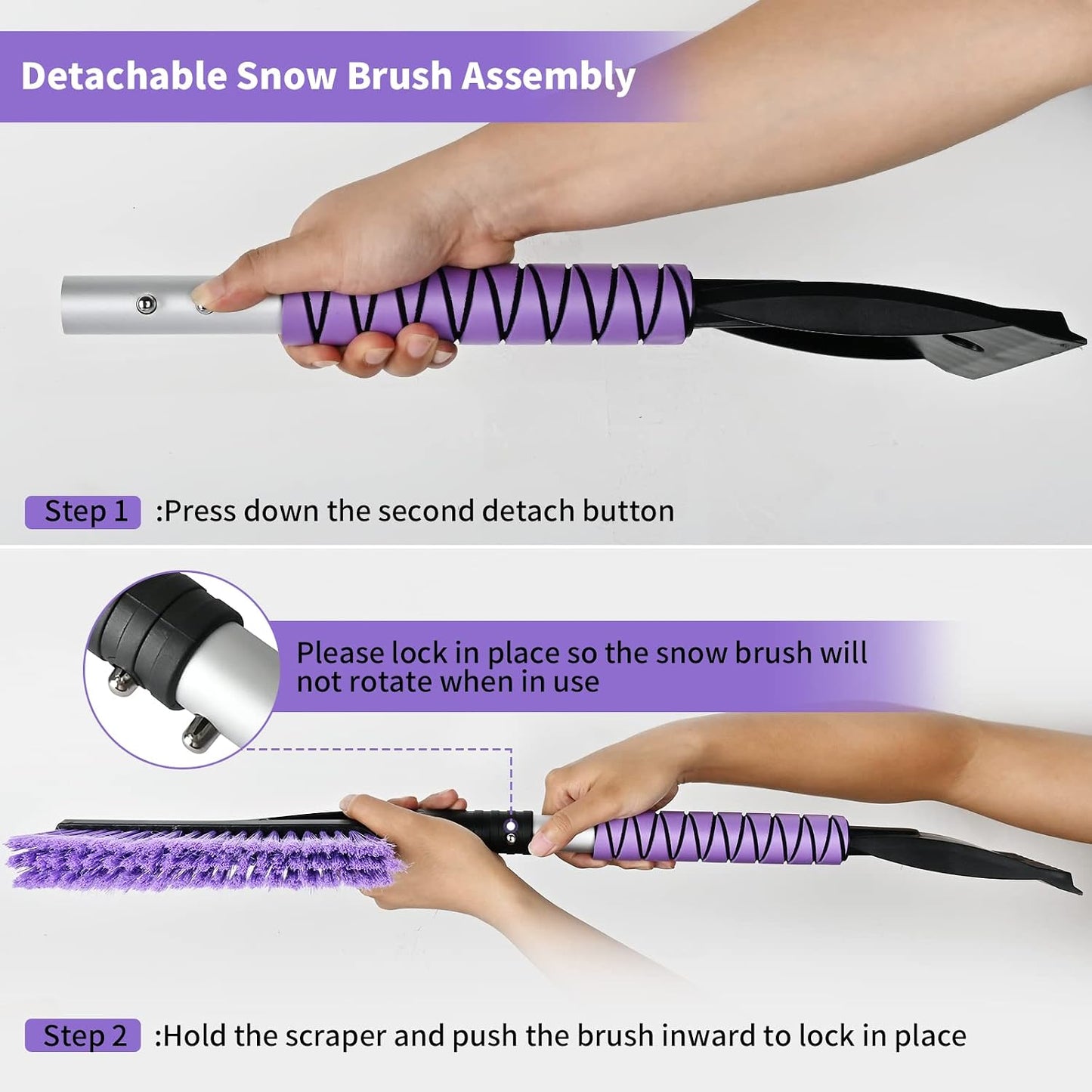 OUSHASAA 2 Pack 27" Snow Brush and Ice Scraper for Car Windshield - Purple | Soft Non-Scratch Bristles, Non-Slip Foam Grip, Detachable Design, Car Snow Removal Tool for Windshields & Windows