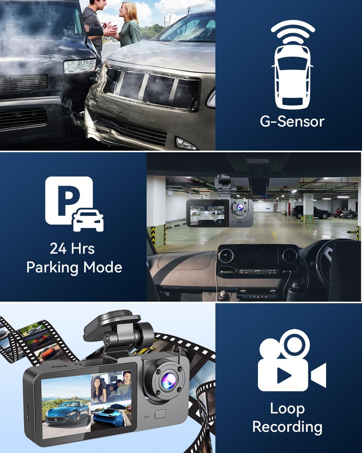 Dash Cam Front and Rear Inside 3 Channel, 4K Full HD Dash Camera for Cars