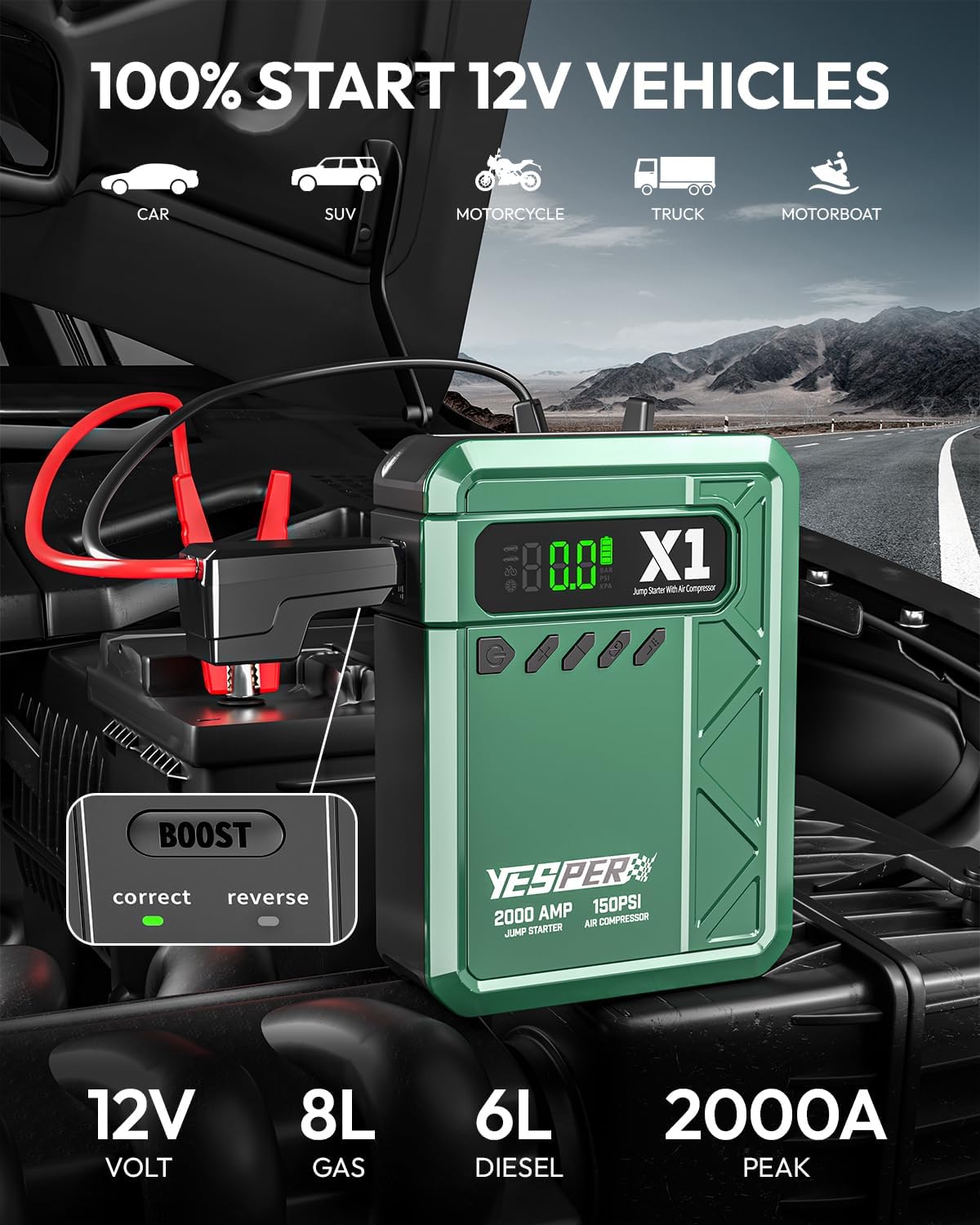 YESPER Jump Starter with 150PSI Air Compressor 12V Car Battery Jumper Box