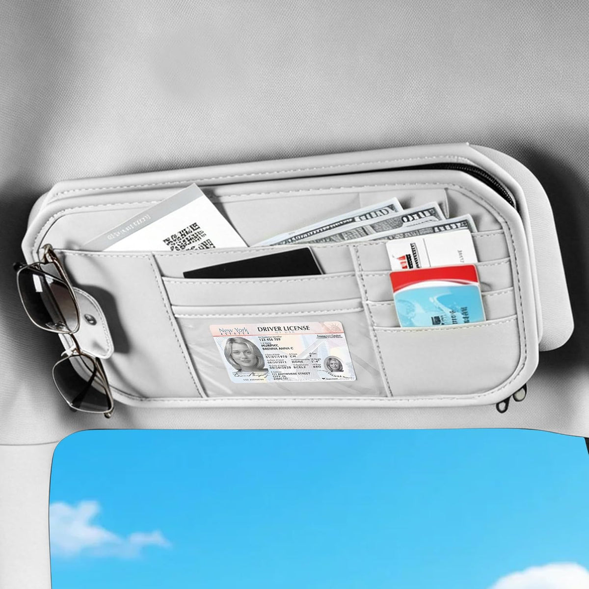 Car Sun Visor Organizer with Multi Pockets PU Leather Zipper Bag