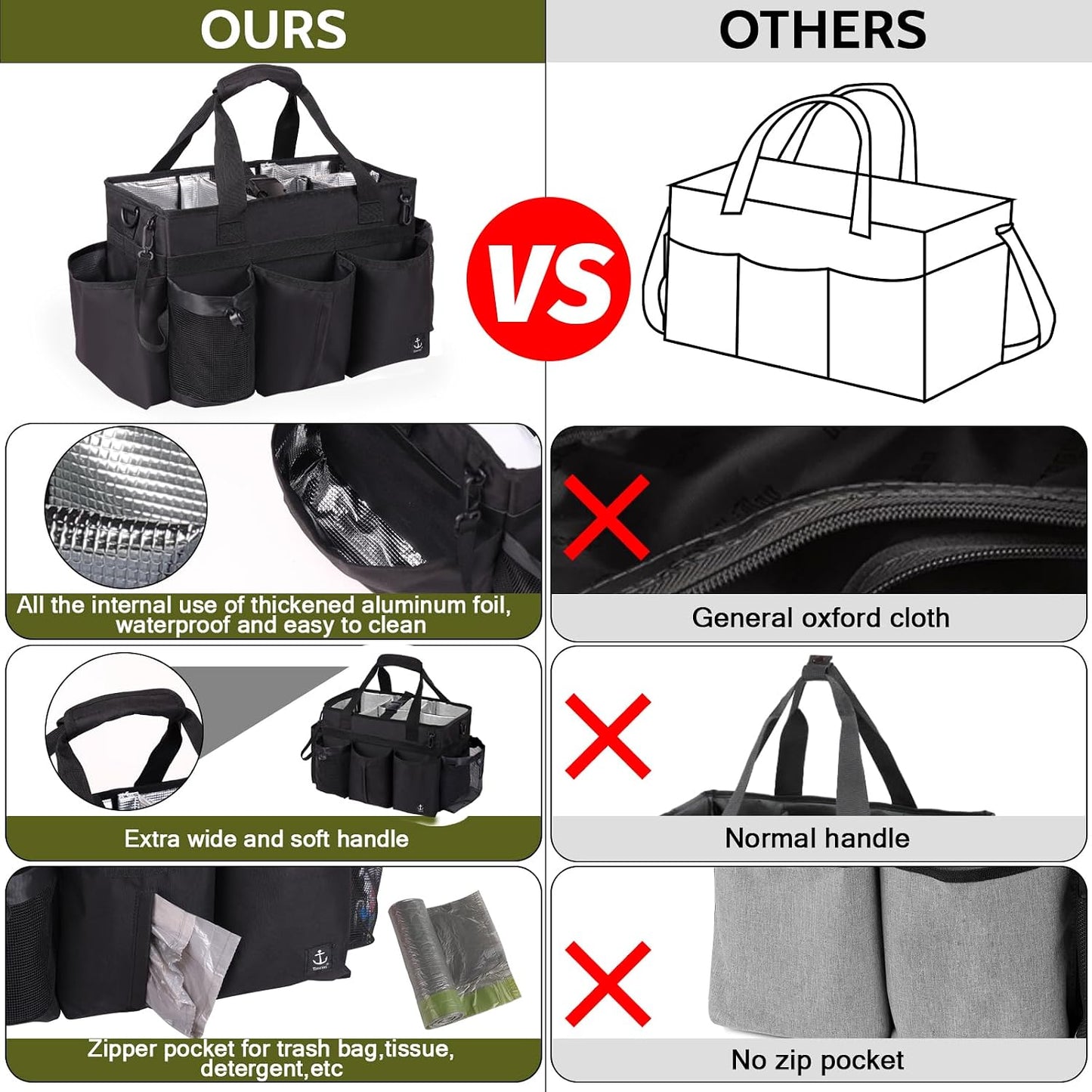 Large Wearable Cleaning Caddy Bag with Detachable Divider, Cleaning Organizer with Handles, Cleaning Supply Tote with Adjustable Shoulder Strap&Waist Belt for Cleaners & Housekeeper (Black)