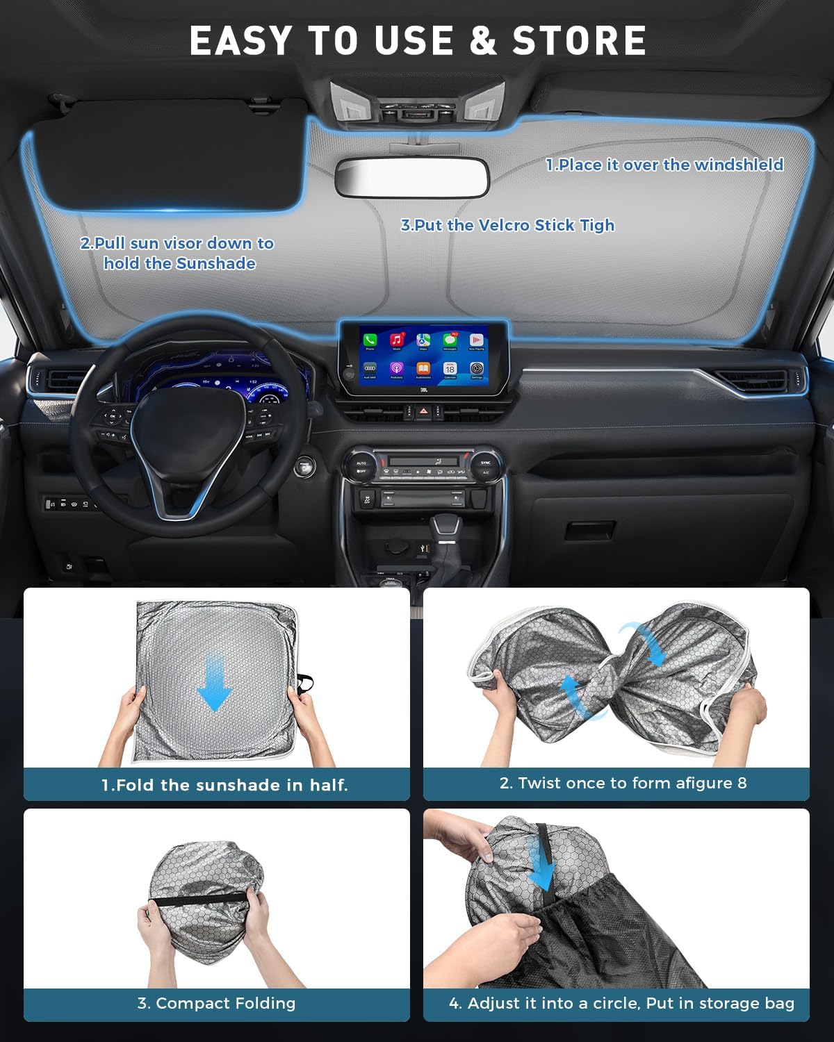 helloleiboo Graphene Car Windshield Sun Shade, 59" x 30" Foldable