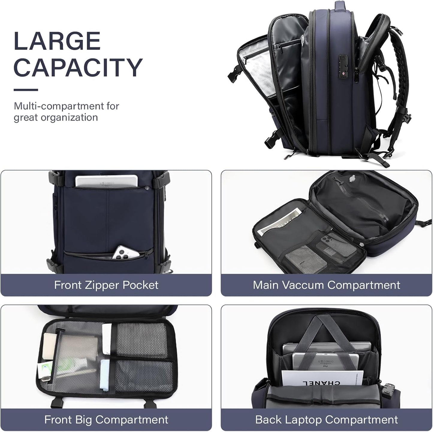 Travel Backpack with Vacuum System,60L Expandable Vacuum Backpack Travel with TSA Lock,17.3 inch Laptop Backpacks Vacpack Backpacks with Vacuum(Blue,External Air Pump)