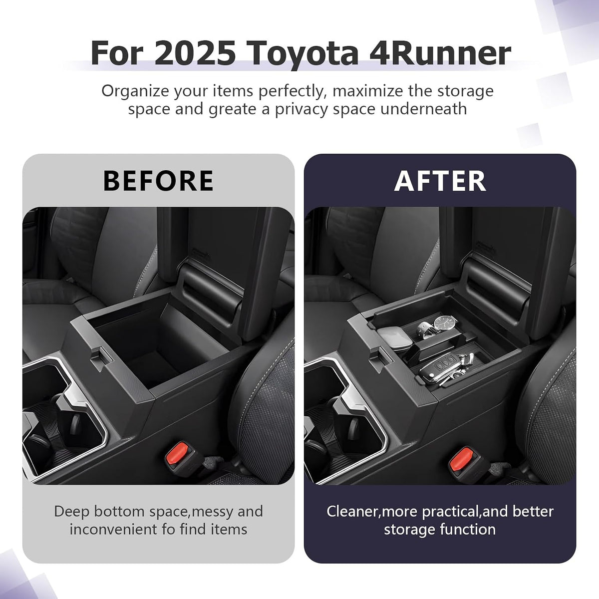 LUWU Center Console Organizer for 2025 2026 Toyota 4Runner (6th Gen) Interior Accessories Armrest Storage Box Glove Organizer Tray Insert ABS Material 2025 2026 4Runner Accessories with Handle