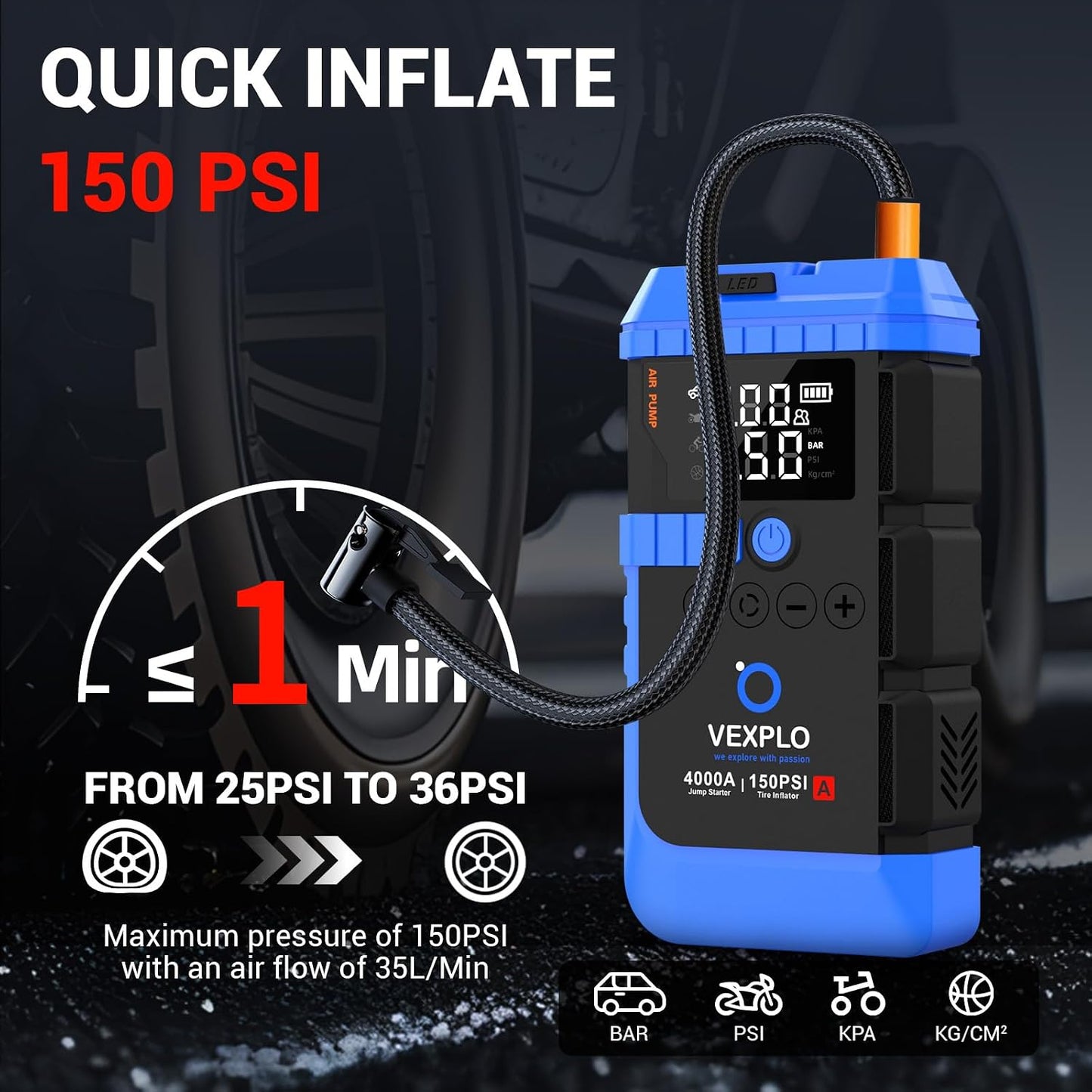 VEXPLO Jump Starter with Tire Inflator Portable Roadside Emergency Car Kit | 4000A Car Battery Jumper Start (9.0Gas/8LDiesel) 150PSI Auto-Off Tire Inflator 45W Fast Charger 8-in-1 Emergency Roadside Kit