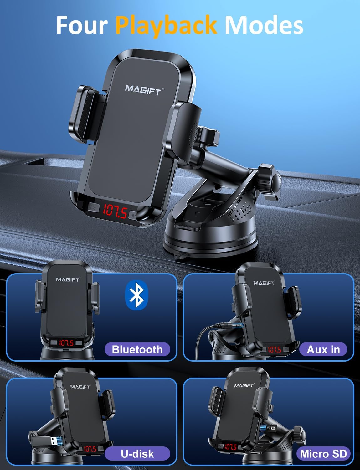 Bluetooth Car Adapter 3 in 1 FM Transmitter Car Radio Bluetooth Transmitter with Phone Holder, PD 54W Fast Charging, Strong Microphone, HiFi Bass Sound, Hands-Free Call, Support USB/TF Drive
