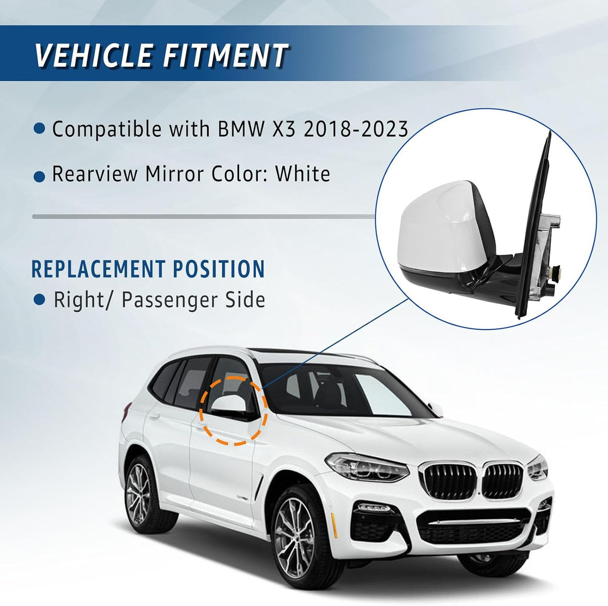 Right Passenger Side View Mirror Fits for BMW X3 G01 G08 2018-2023 White