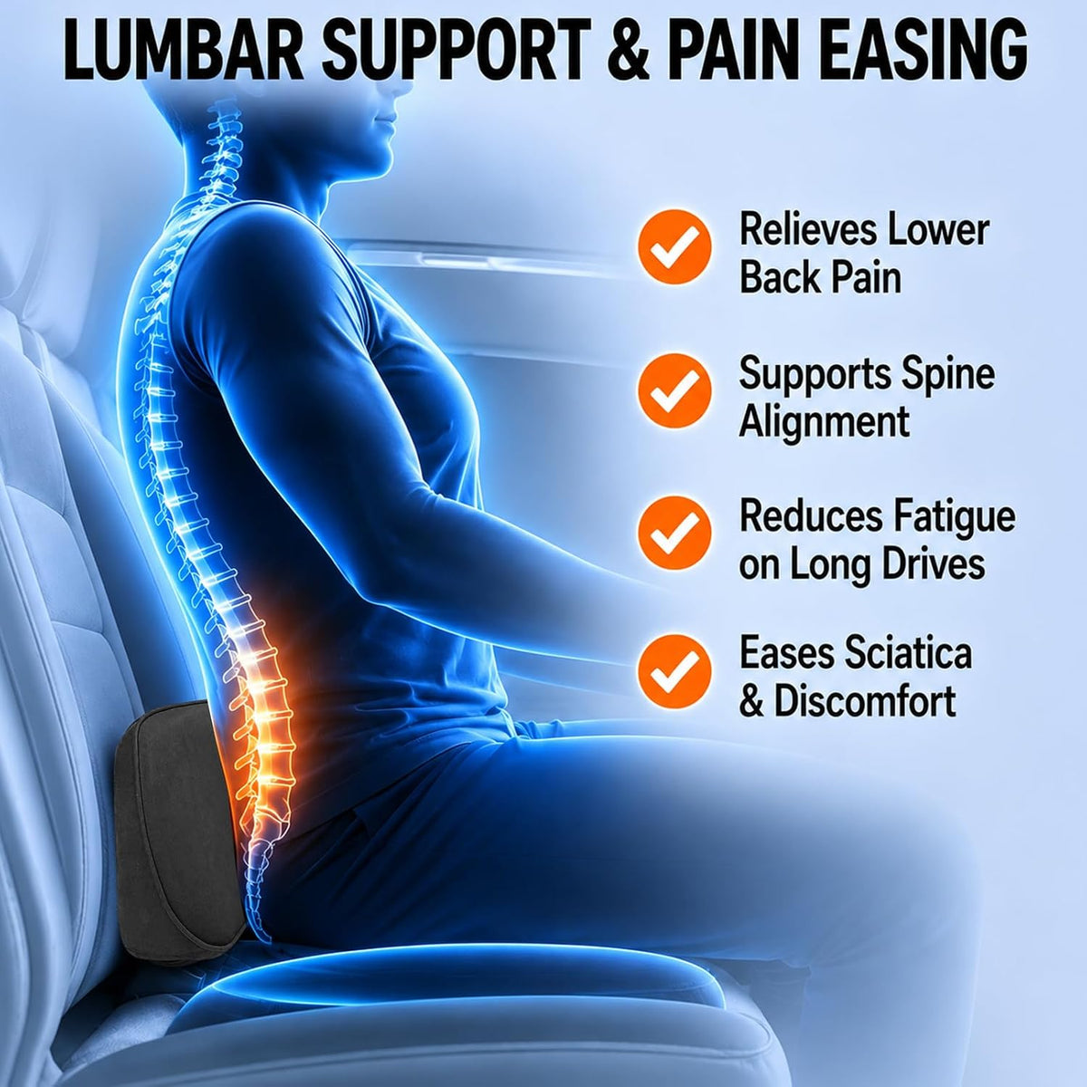 Car Lumbar Support Pillow, Memory Foam Vehicle Seat Lower Back Support Cushion,Comfortable Lumbar Pillow for Driving, Office Chair, Wheelchair, Universal for SUV, Truck, RV (Black)