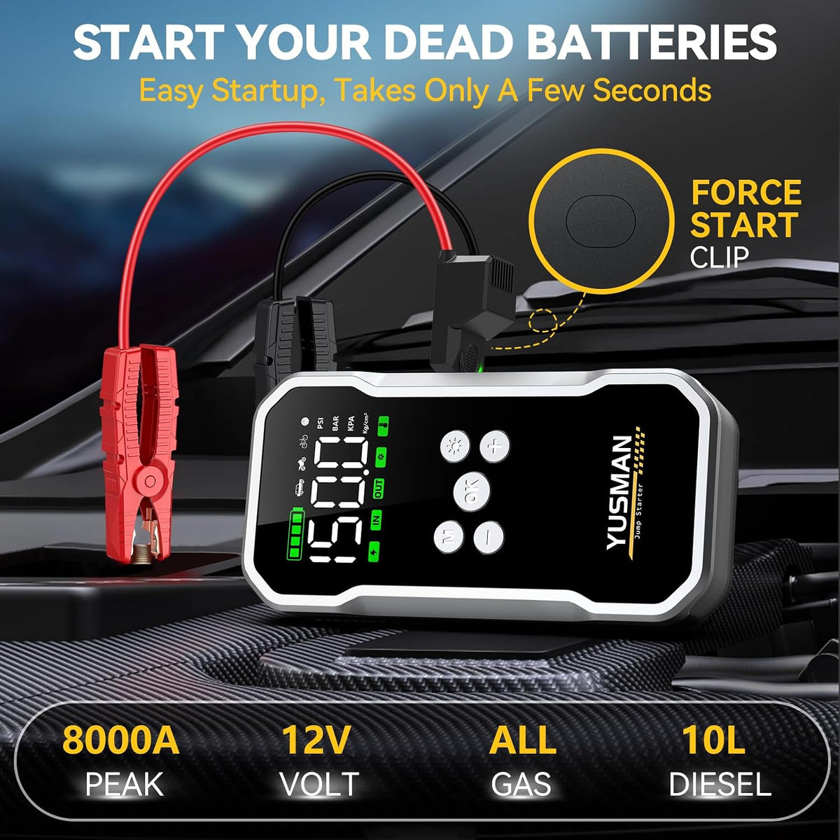 YUSMAN Jump Starter with Air Compressor, 8000A 160PSI Battery Booster Pack
