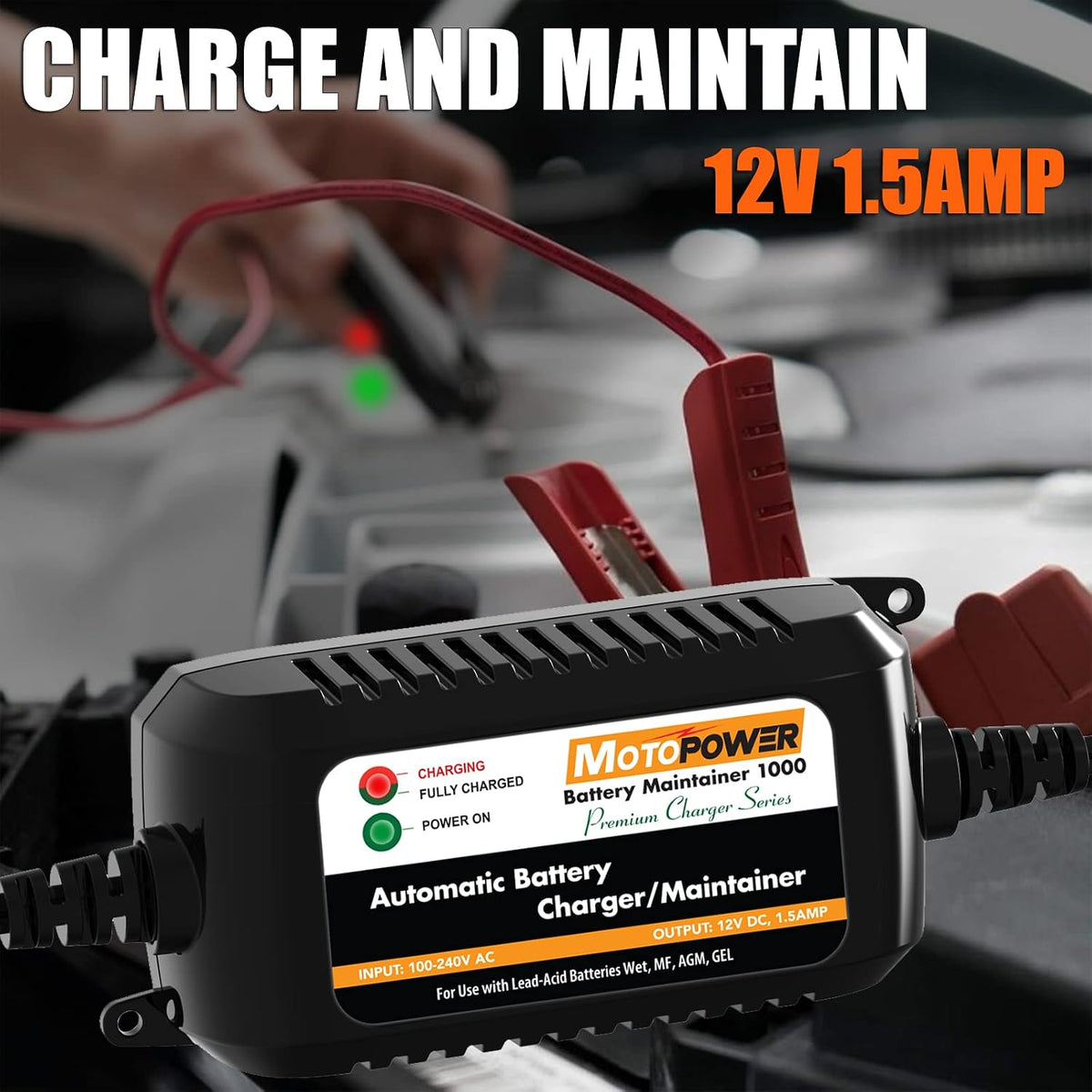 MOTOPOWER MP00206A 12V 1.5Amp Automatic Battery Charger, Battery Maintainer for Cars, Motorcycles, ATVs, RVs, Powersports, Boat and More