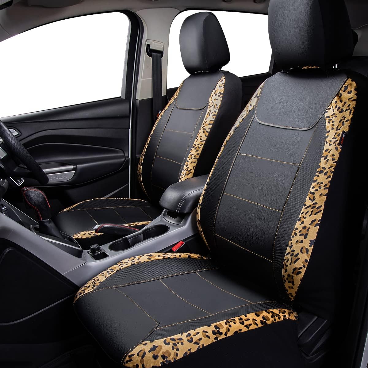 Flying Banner car seat Covers Protects Leopard Printing Velvet Faux Leather Carbon Fiber Front and Rear Bench (Leopard Brown Black, Full Set - 8PCS)