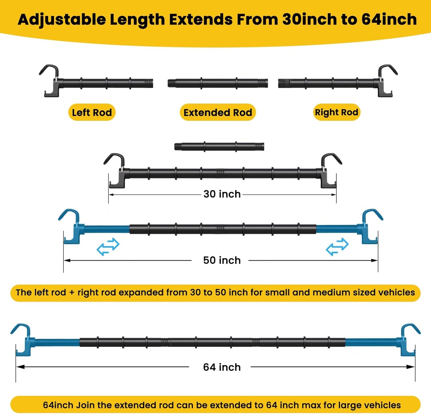 Car Clothes Hanger Bar 30-64 inches, Hold Up to 80lbs, 4Pcs Accessories | Adjustable; Strengthened Hooks, Silent, Non-Slip; Fit Most Vehicles; Perfect for car travel, business trips; Easy assembly