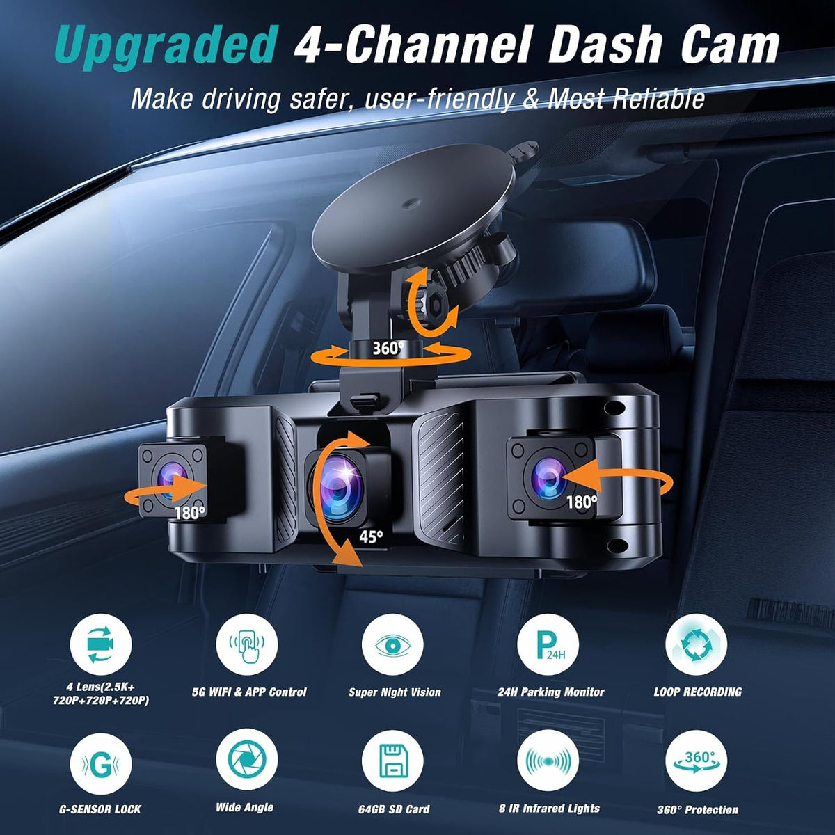 4 Channel 360° Dash Cam Front and Rear Inside with 5GHz WiFi 64GB Card