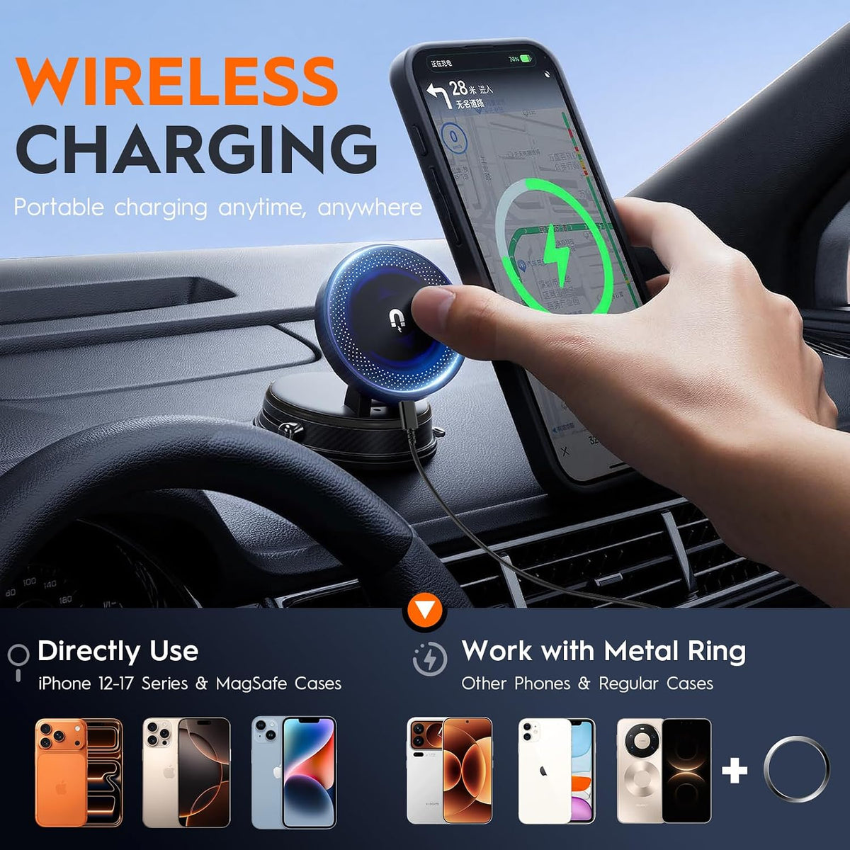Magnetic Car Phone Holder for MagSafe, 15W Wireless Charging, 360° Adjustable Dashboard Mount, Compatible with iPhone 12-17 & Android (Black)