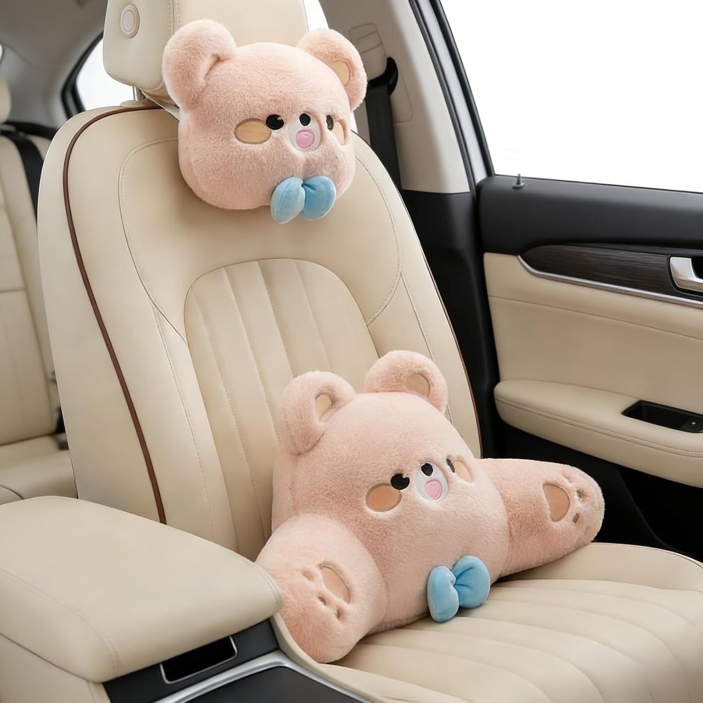 Cute Plush Bear Car Headrest & Lumbar Support Set, Soft Neck & Back Support Pillow for Comfortable Driving All Season(Set of 2)