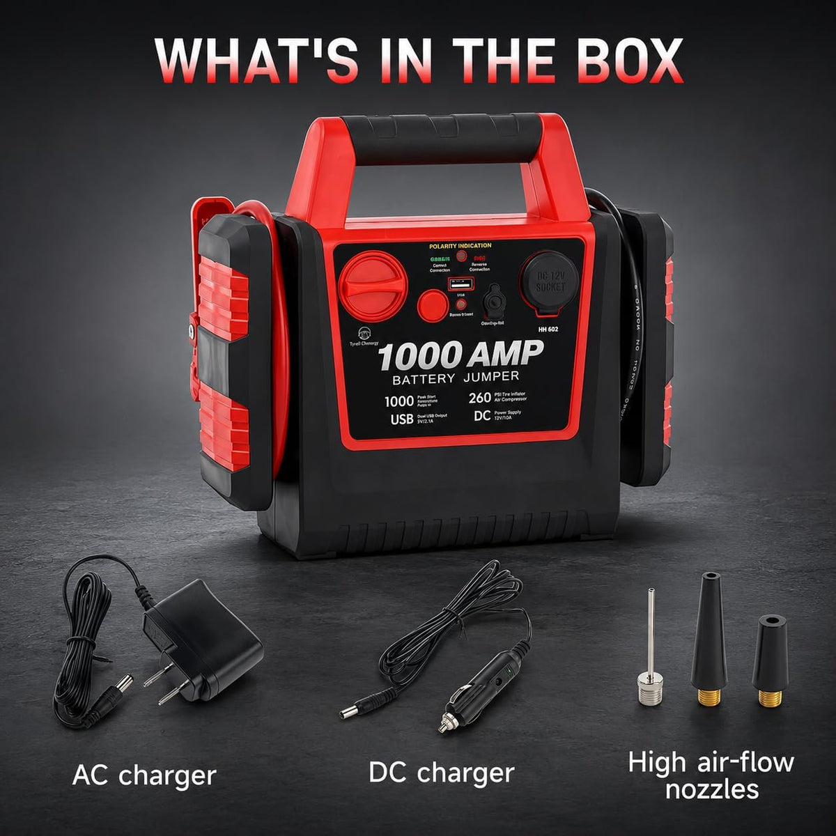 4 in 1 Battery Booster Jump Starter with Air Compressor Portable 260PSI Tire Inflator,1000 Amp Jumper starter power pack Jump Box,12V Power Station with USB Port and DC Outlet