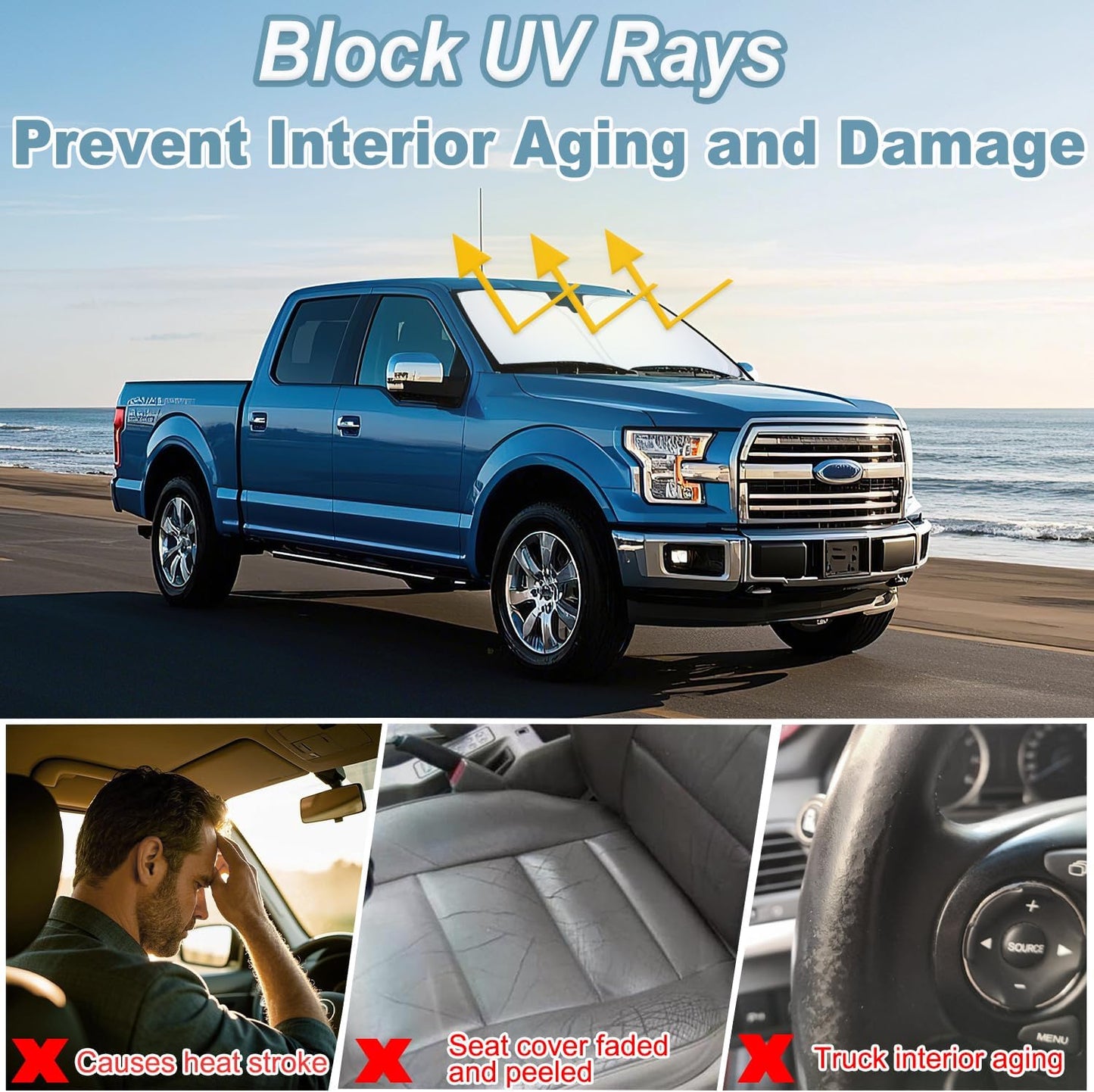PIMCAR Windshield Sunshade for Ford F-150 2015-2020 | Premium 310T Reflective Polyester UV & Heat Blocker | Reduces Interior Temperature, Foldable with Storage Pouch